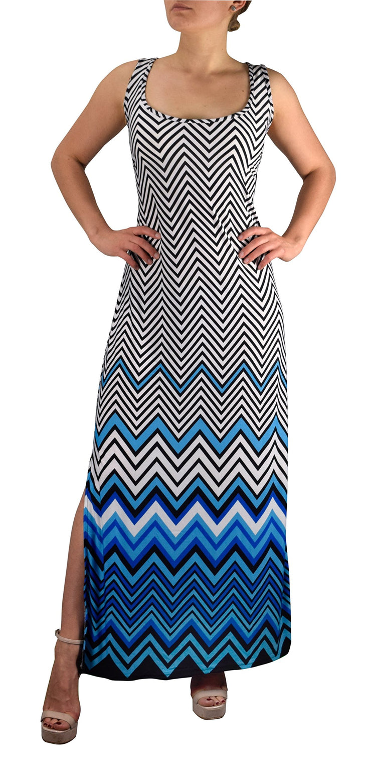 Womens Boho Maxi Striped Chevron Print Scoop Neck Tank Dress (Blue, Large)