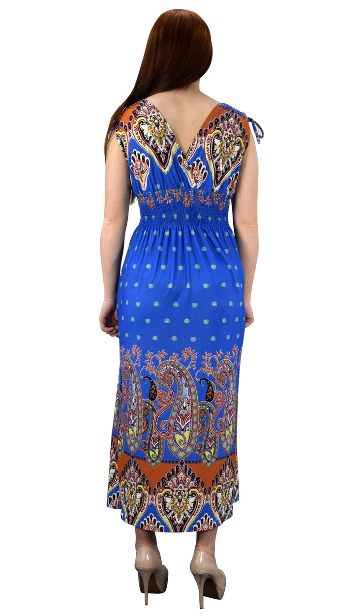 Womens Summer Exotic Floral Bohemian Tahiti Sleeveless Maxi Dress Polka Dot Blue Large