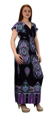 Paisley Printed V Neck Elastic Waist Short Sleeve Maxi Dress
