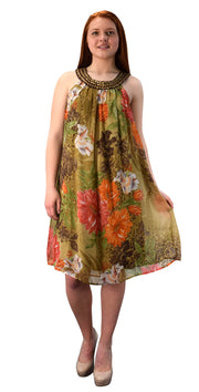 Floral Frock Midi Dress Embellished Tunic Neckline (Large, Olive Green)