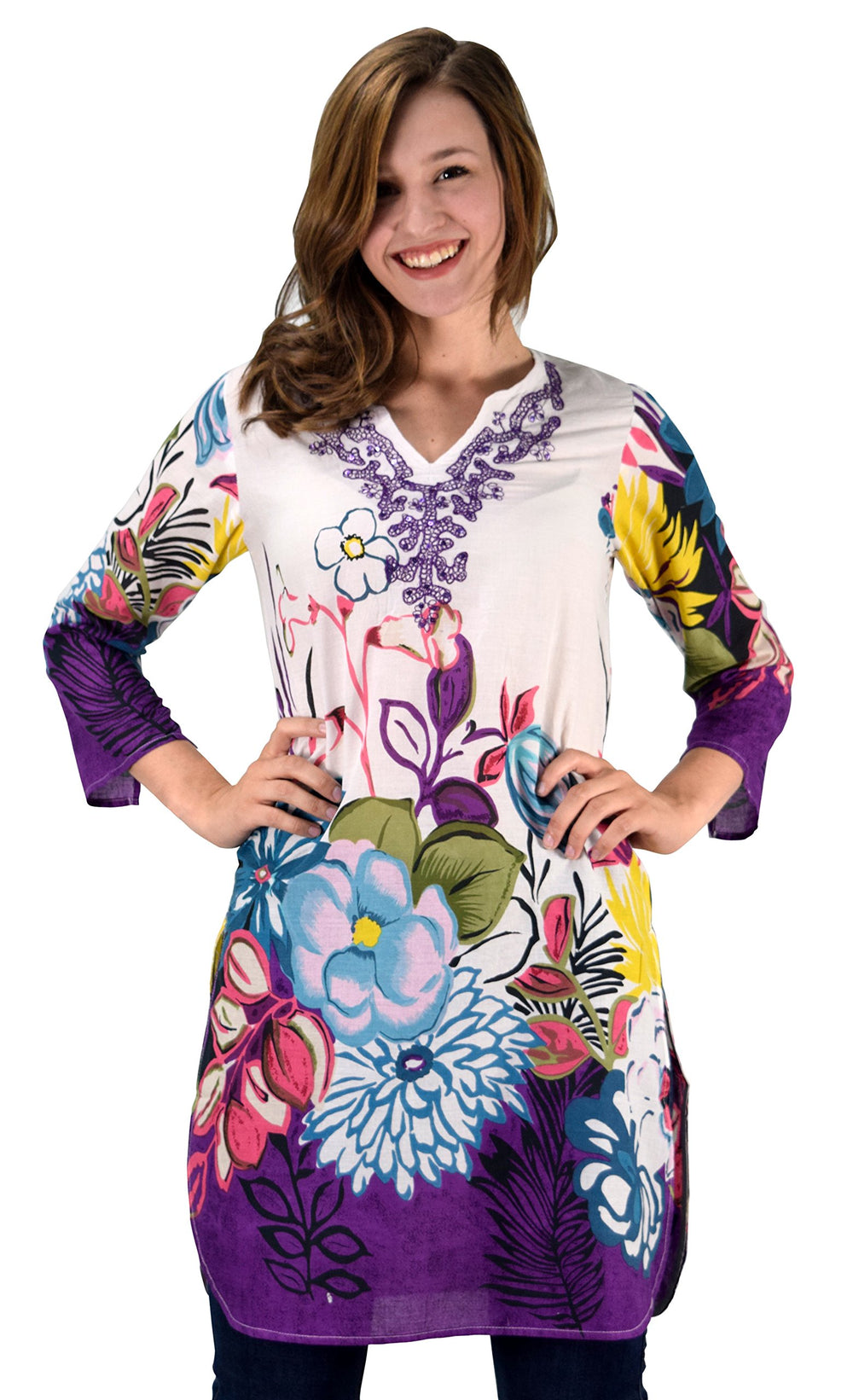 Purple cotton vintage petite tunic beachwear coverup with floral embroidery and sequins.
