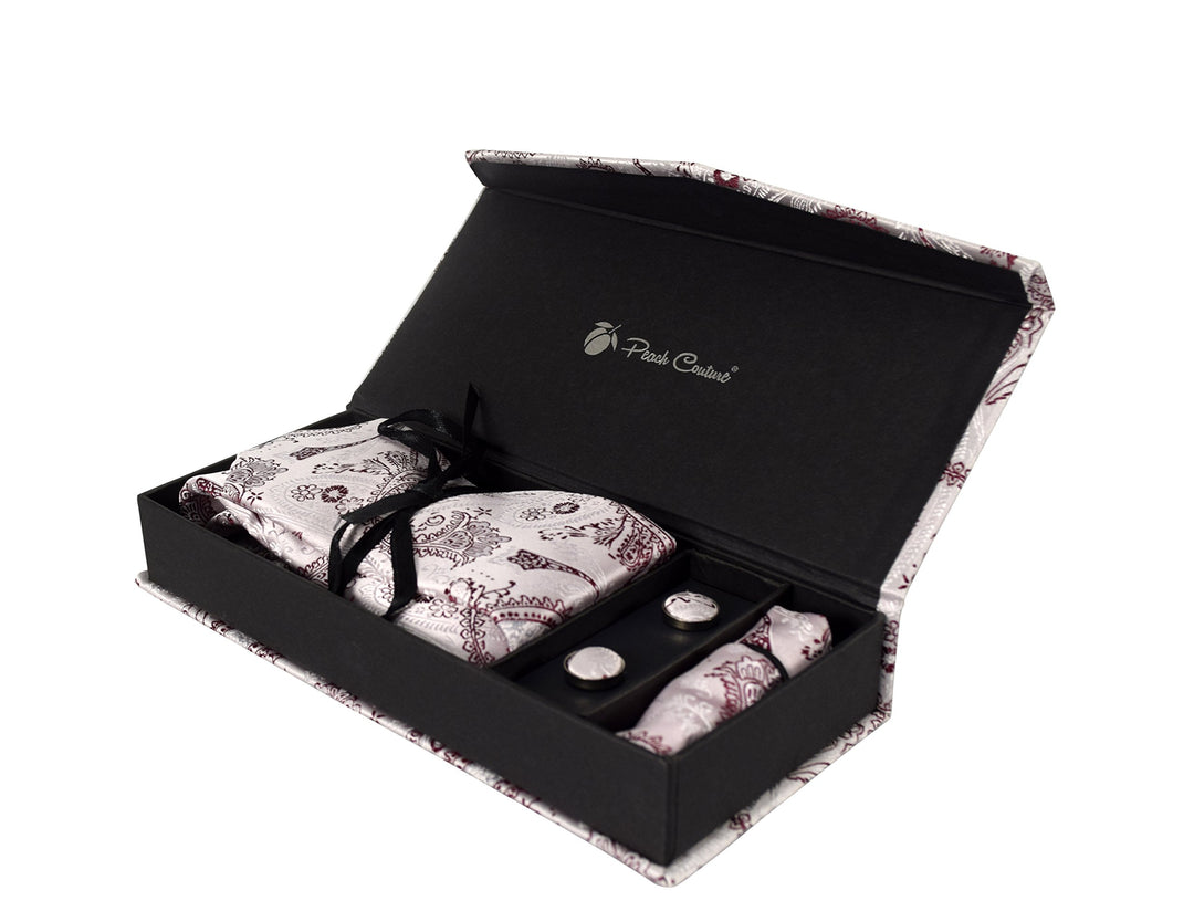 Luxurious Mens Silk Feel Paisley Necktie Cufflink Handkerchief Set