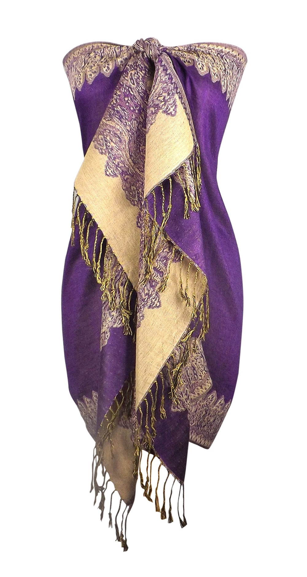 Elegant reversible jacquard paisley pashmina shawl wrap for women in purple and light gold.