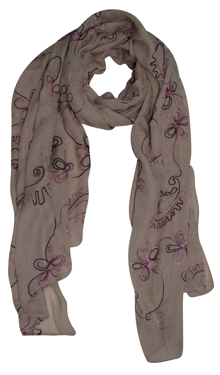 Taupe Summer Fashion Blossom Embroidered Sheer Floral Scarf Wrap Shawl
