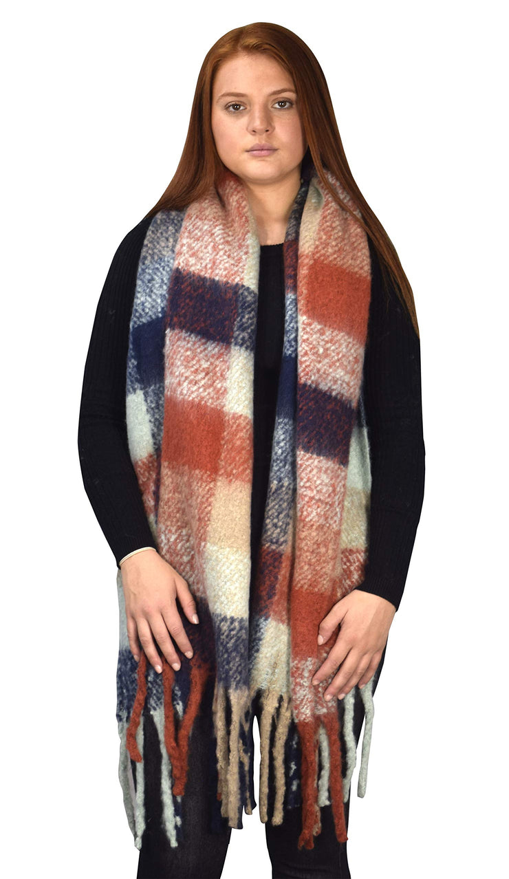 Winter Soft and Warm Casual Knitted Plaid Chunky Wrap Scarf with Tassels Navy Blue