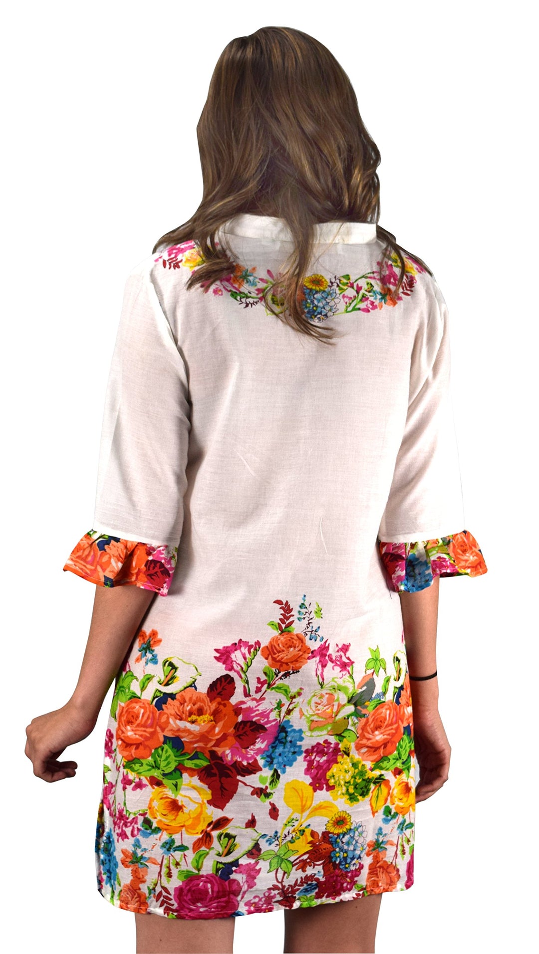 Red orange petite cotton tunic beach coverup with floral embroidery and a vintage-inspired design.