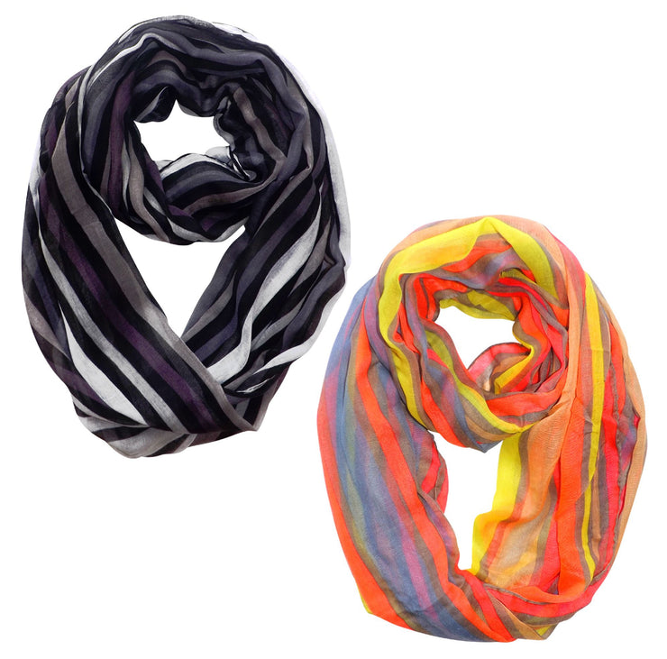 2 Pack Black & Neon Pink Peach Couture Trendy Striped Print Light and Soft Fashion Infinity Loop Scarf