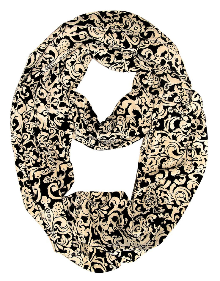 Black and Ivory Peach Couture Light Soft Silky Elegant Gatsby Henna Damask Print Infinity Loop Scarf