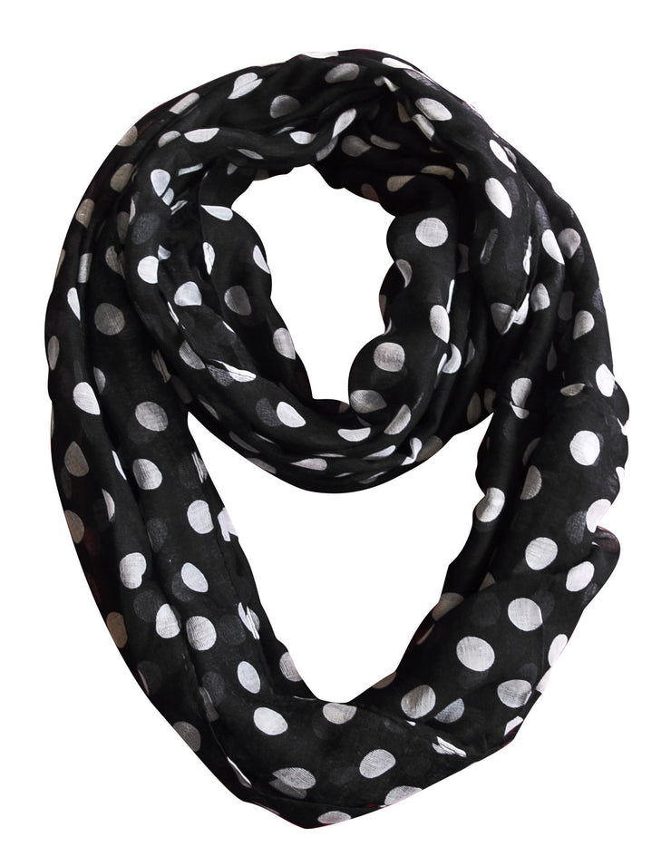 Black and White Peach Couture Light and Sheer Polka Dot Circle Print Infinity Loop Scarf