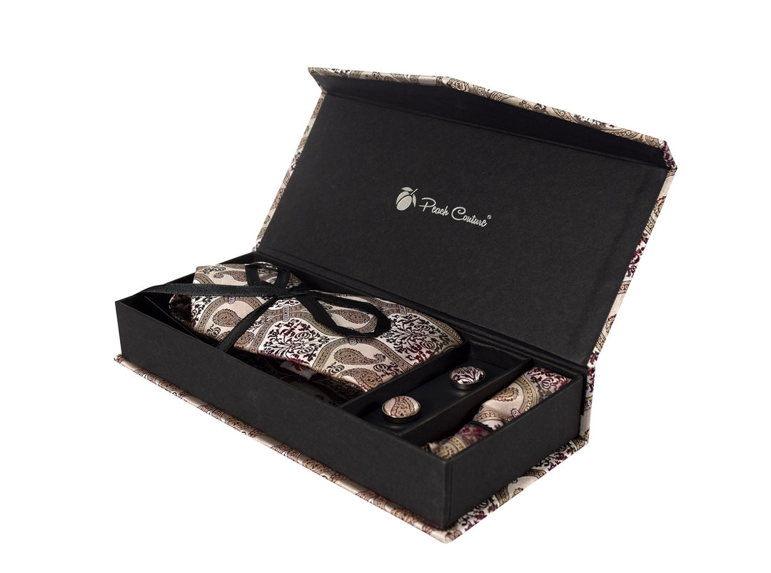 Luxurious Mens Silk Feel Paisley Necktie Cufflink Handkerchief Set