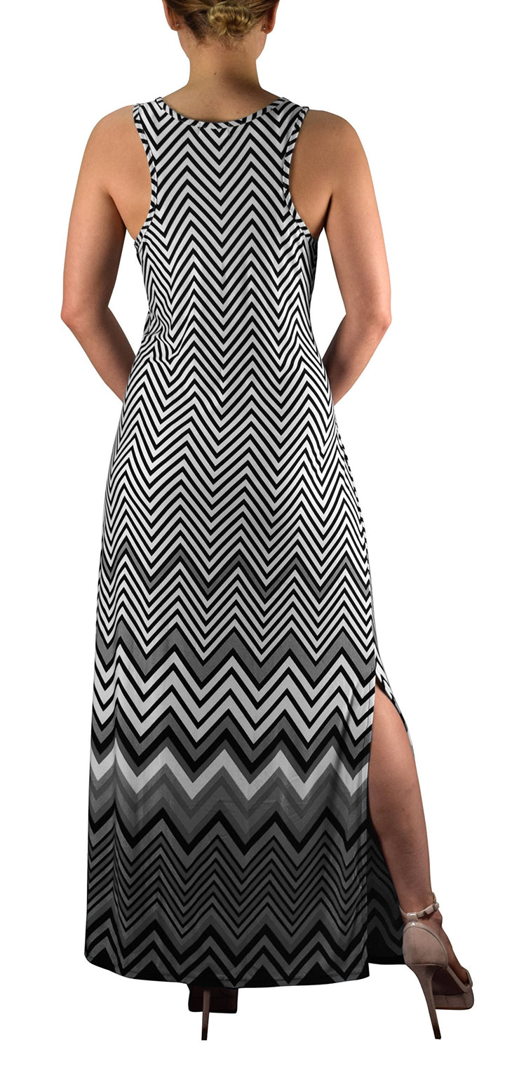 Womens Boho Maxi Striped Chevron Print Scoop Neck Tank Dress (Grey, XL)