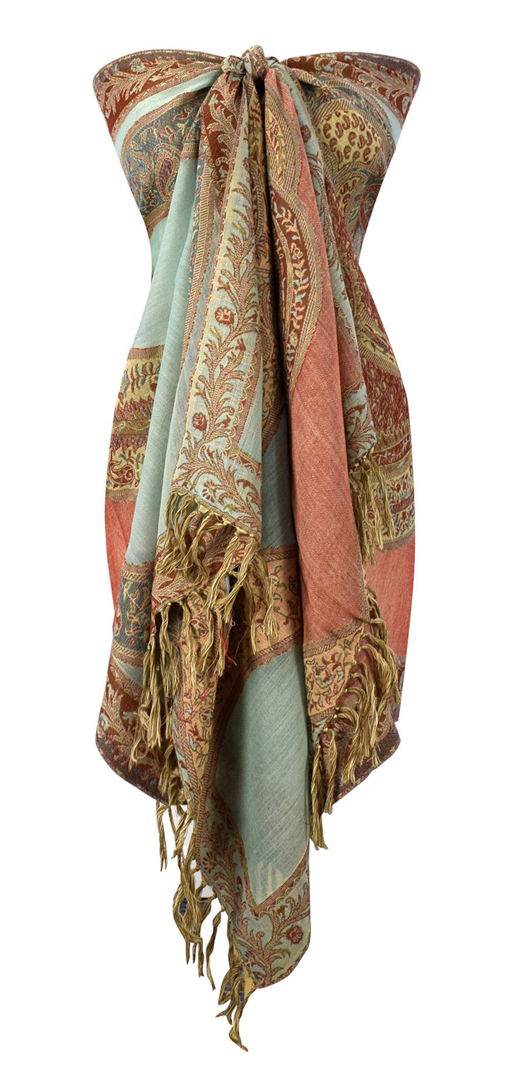 Sheer Handmade Paisley Damask Pashmina Shawl-Pink Tan
