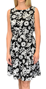 Silky Vintage Retro A Line Sleeveless Work Casual Belted Dress (Medium, Floral Black White)