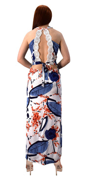 Floral Print Cut Out Waist Side Slit Crochet Tie Back Maxi Dress Gown