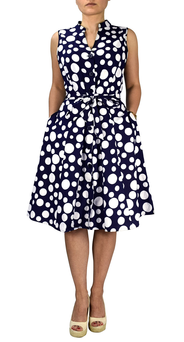 Peach Couture Navy Polka Dot Vintage Retro Button Up Party Dress with Belt