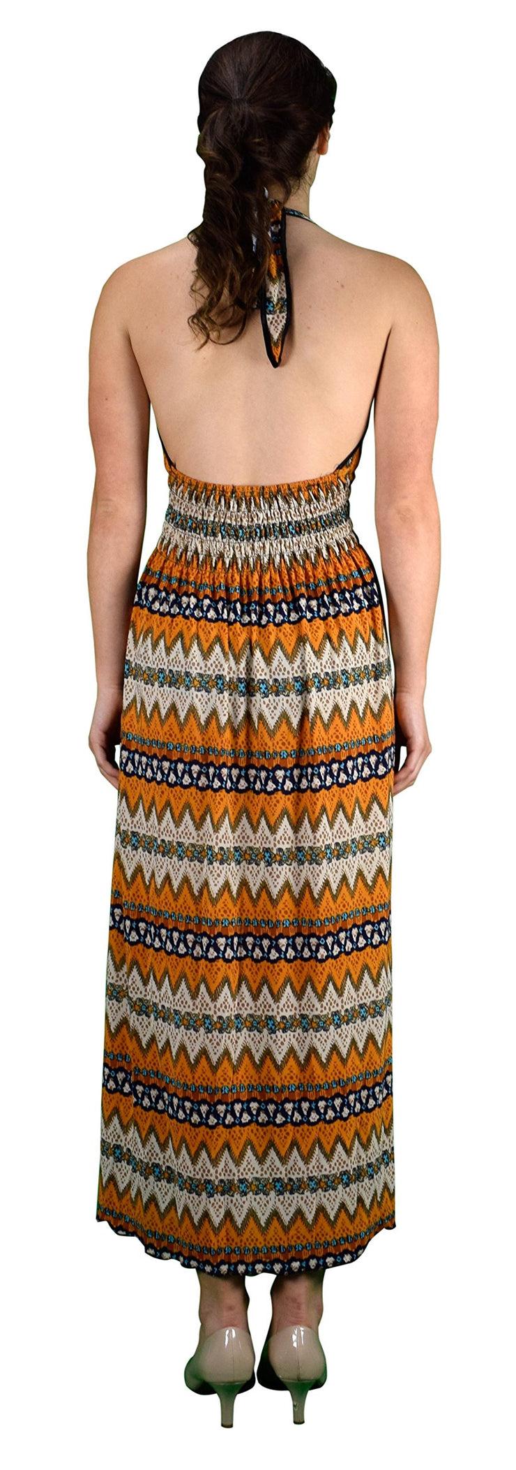 Peach Couture Bohemian Chevron Pattern V Neck Smocked Waist Halter Maxi Dress