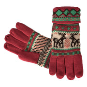 Fair Isle Reindeer Snowflake Plush Fleece Lined Double Layer Winter Gloves