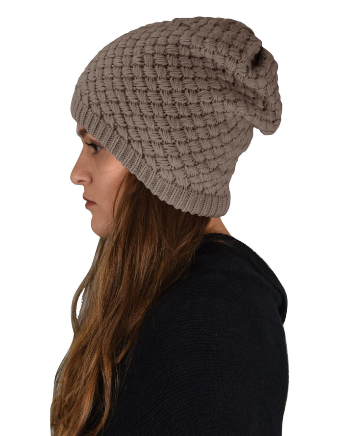 Taupe Thick Crochet Knit Double Layer Beanie Slouchy Hat