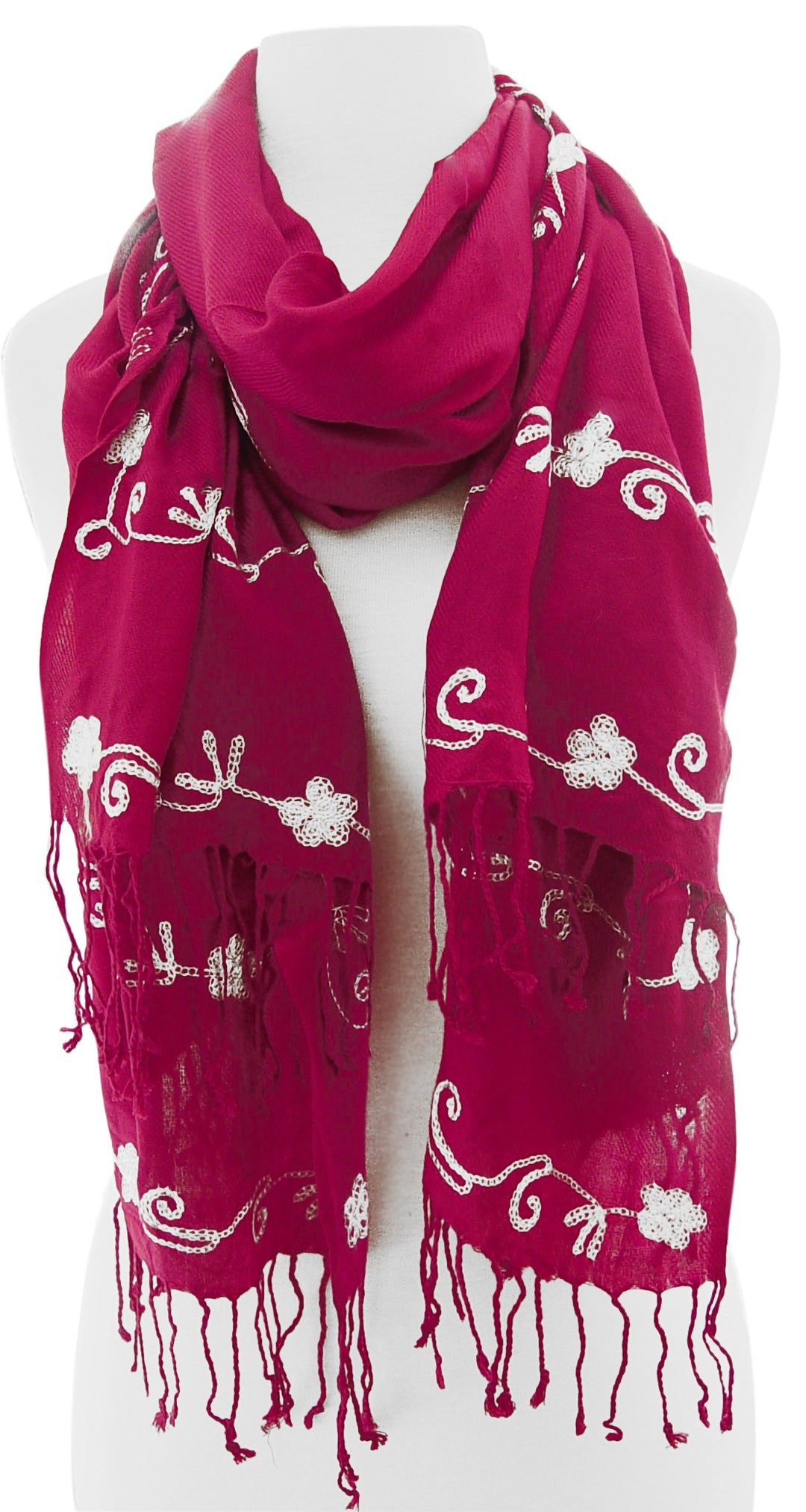 Sheer lightweight infinity loop scarf with delicate floral rose embroidery on a breathable fabric base