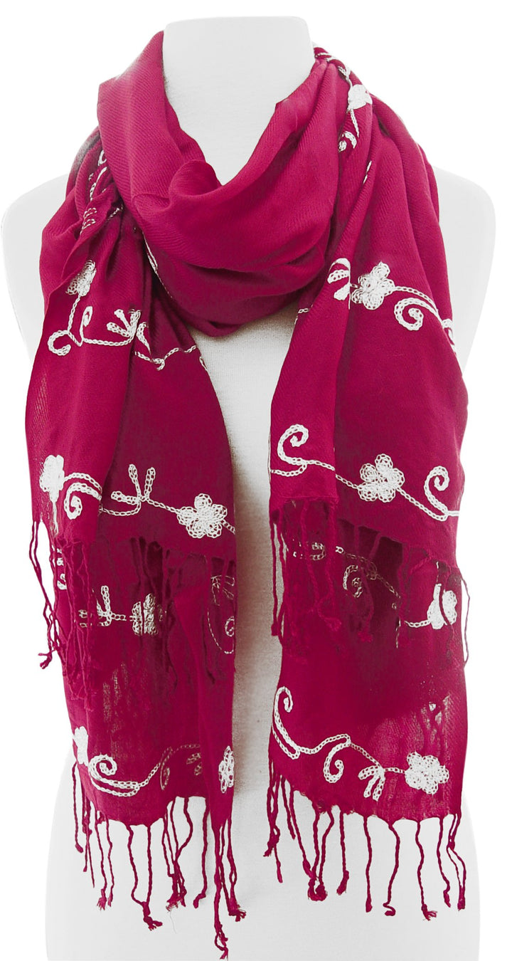 Sheer lightweight infinity loop scarf with delicate floral rose embroidery on a breathable fabric base