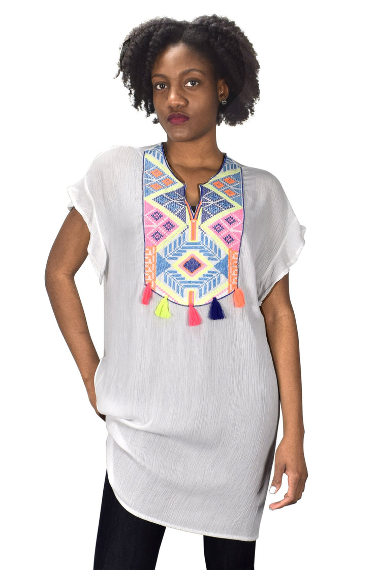 Embroidered Tasseled V Neck Summer Beach Cover Up Crepe Tunic Tops
