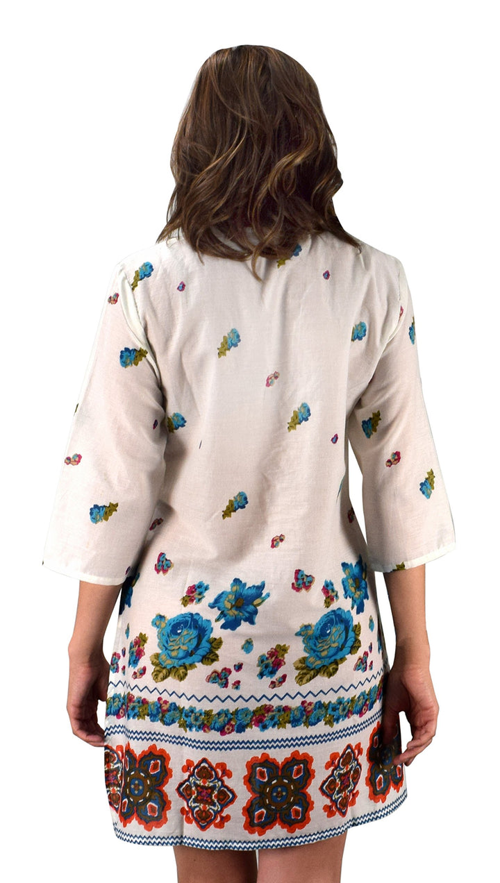 Turquoise cotton petite tunic beachwear coverup featuring vintage-style floral embroidery and beaded accents.