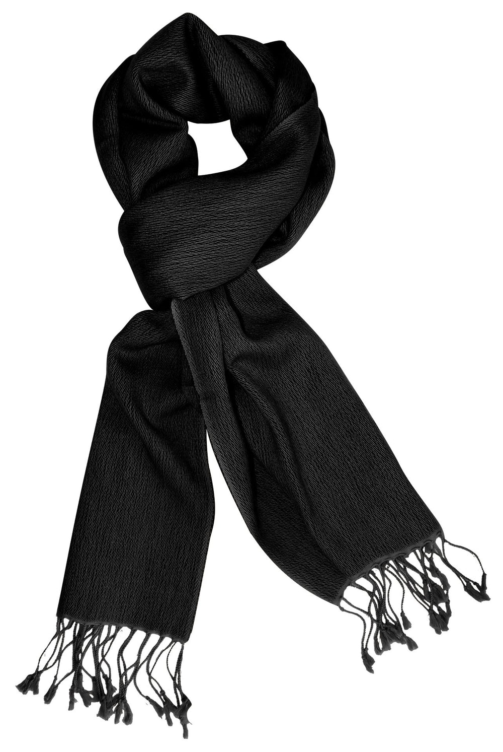 Black cashmere and silk scarf with fringe trim draped elegantly to showcase its soft and lightweight texture