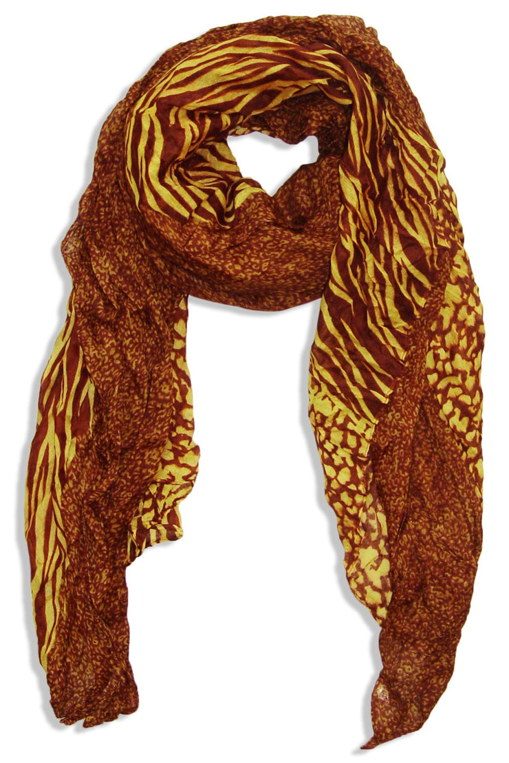 Burgundy & Gold Peach Couture All Seasons Retro Zebra and Leopard Print Crinkle Scarf