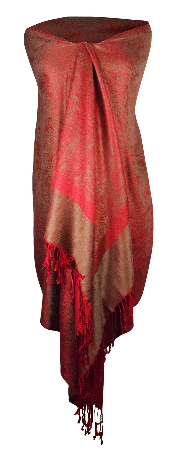 Red and Chocolate Brown Peach Couture Elegant Vintage Two Color Jacquard Paisley Pashmina Shawl Wrap