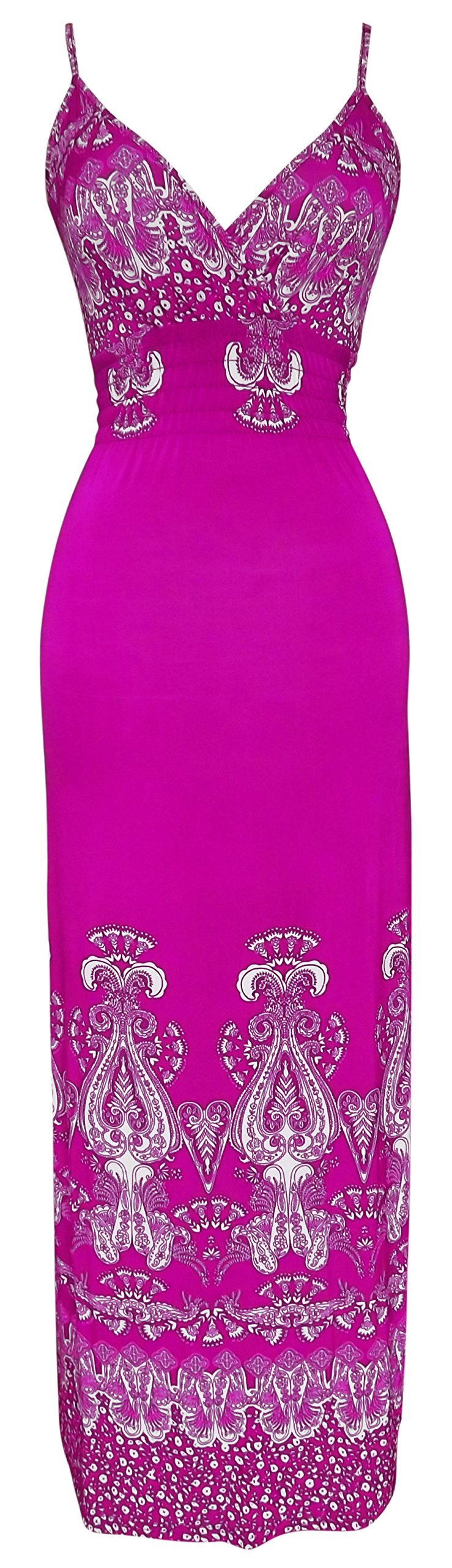 Womens Paisley Print Smocked Waist Surplice Bodice Tank Maxi Dress Bordered Pink Large