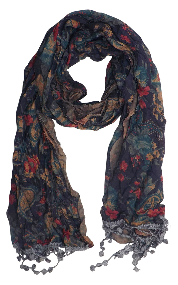 Gray Vintage Floral Silk Scarf with Knotted Tassels - Sale