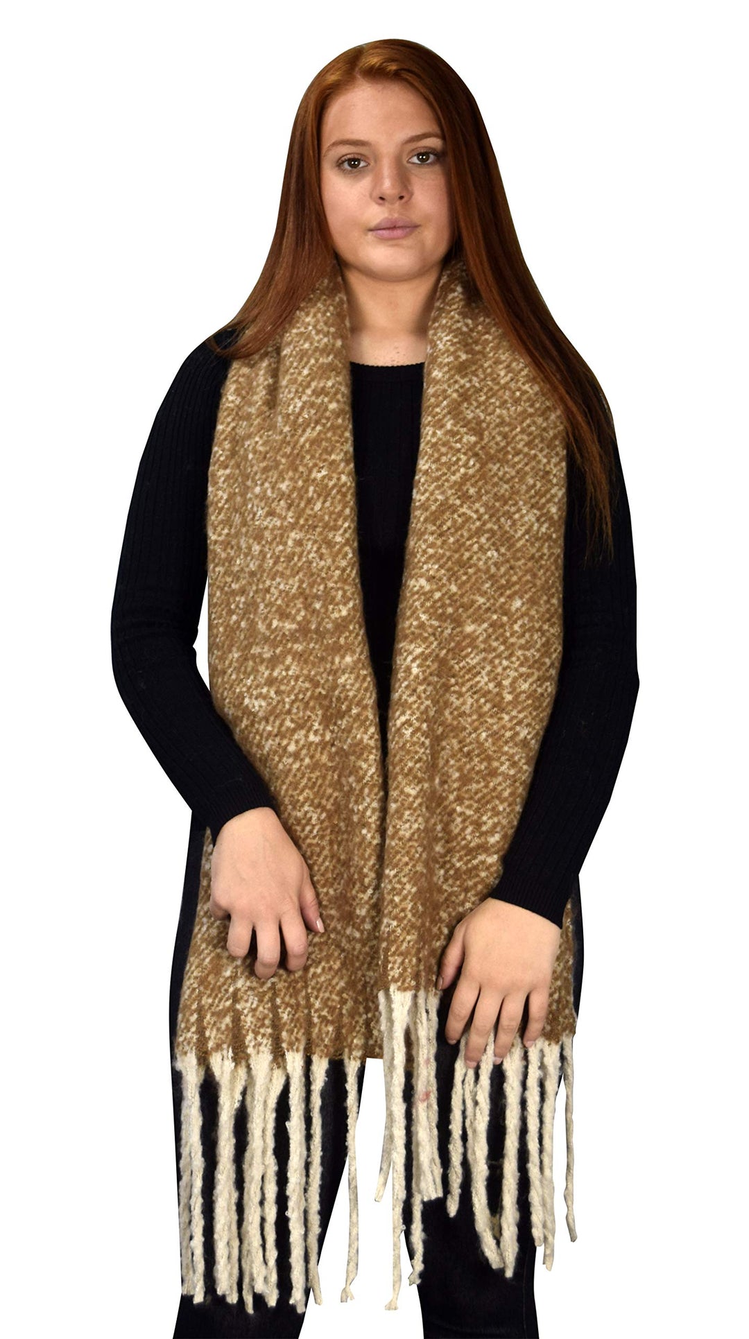 Winter Soft and Warm Cashmere Feel Tasseled Knitted Chunky Wrap Scarf Brown
