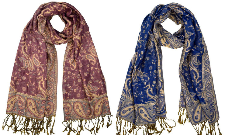 Pink/Royal Blue 2 Pack Elegant Reversible Paisley Pashmina Shawl Wrap Multi-Packs