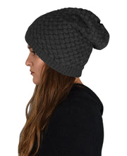 Black Thick Crochet Knit Double Layer Beanie Slouchy Hat
