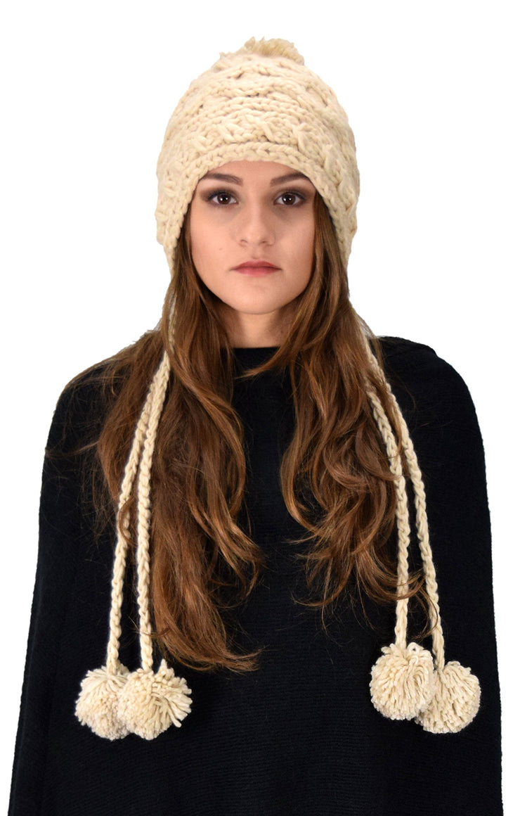 Trendy Knit Solid Colored Trapper Hat with Long Fringe Pom Poms