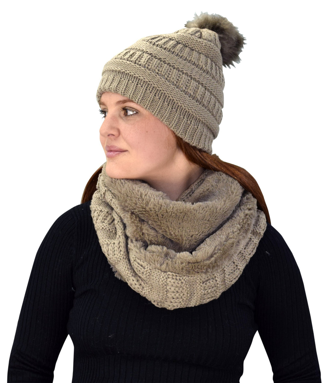 Taupe 99 Peach Couture Thick Crochet Weave Beanie Hat Plush Infinity Loop Scarf 2 Pack