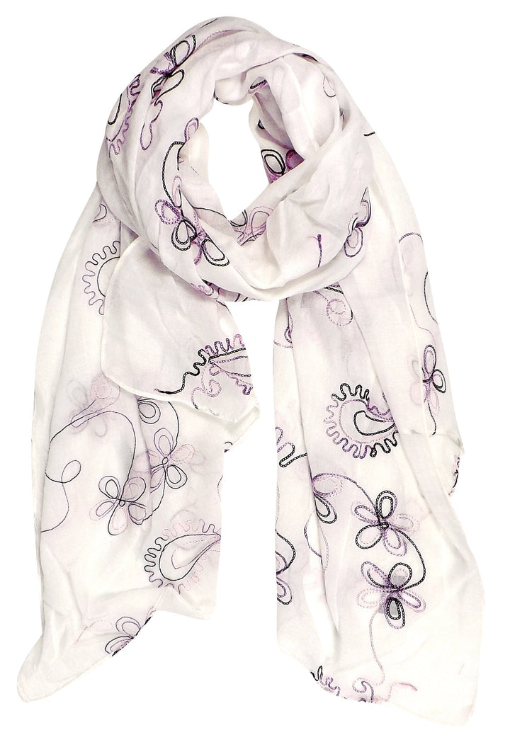 Sheer white summer scarf featuring floral blossom embroidery and delicate fringed edges