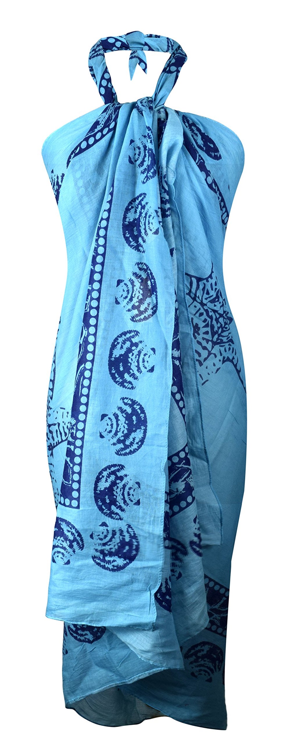 Women’s blue navy Hawaiian pareo sarong beach wrap cover-up featuring a tropical floral design for versatile styling as a skirt or dress.