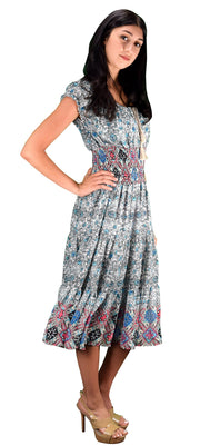 Peach Couture Damask Print Neck Tie Sleeveless Summer Tiered Calf Length Dress