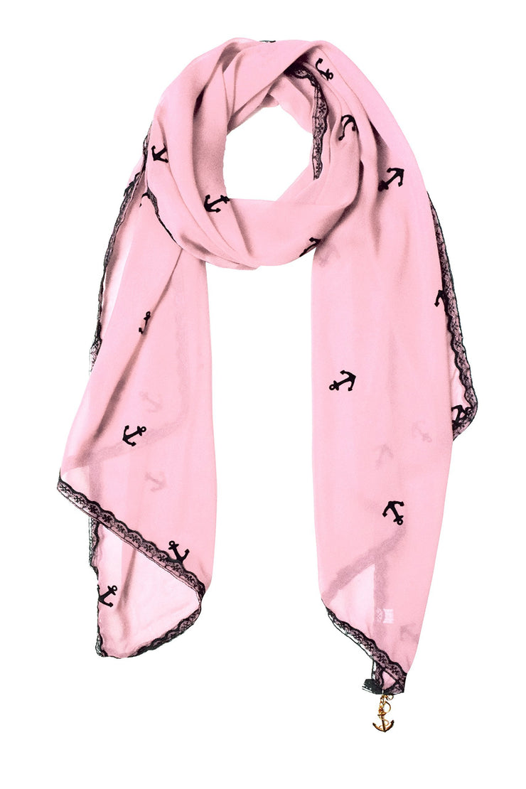 Sheer Vintage Anchor Embossed Scarf with Anchor Charm & Lace Border(Baby Pink)