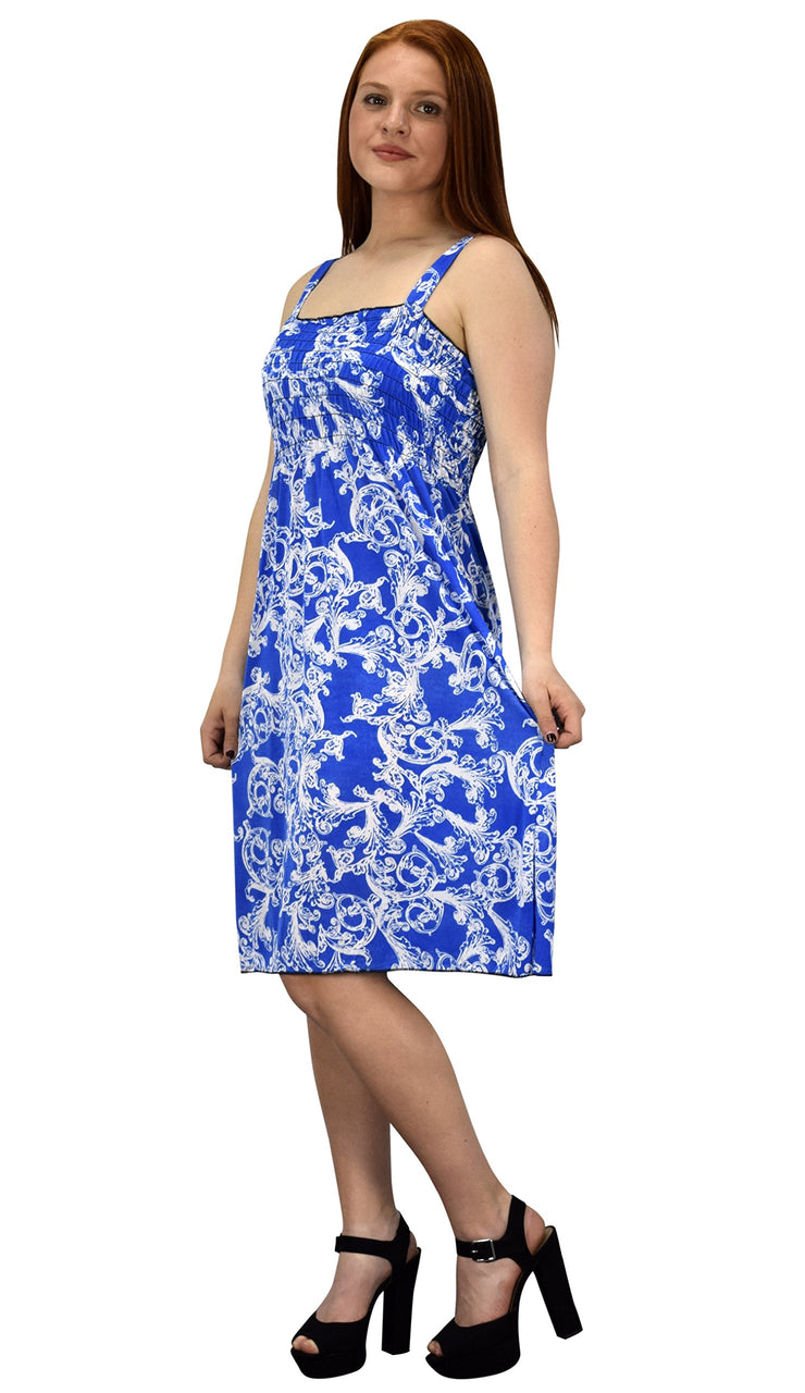 Women's Knee Length Multicolor Exotic Smocked Printed Summer Dress (Blue White L)