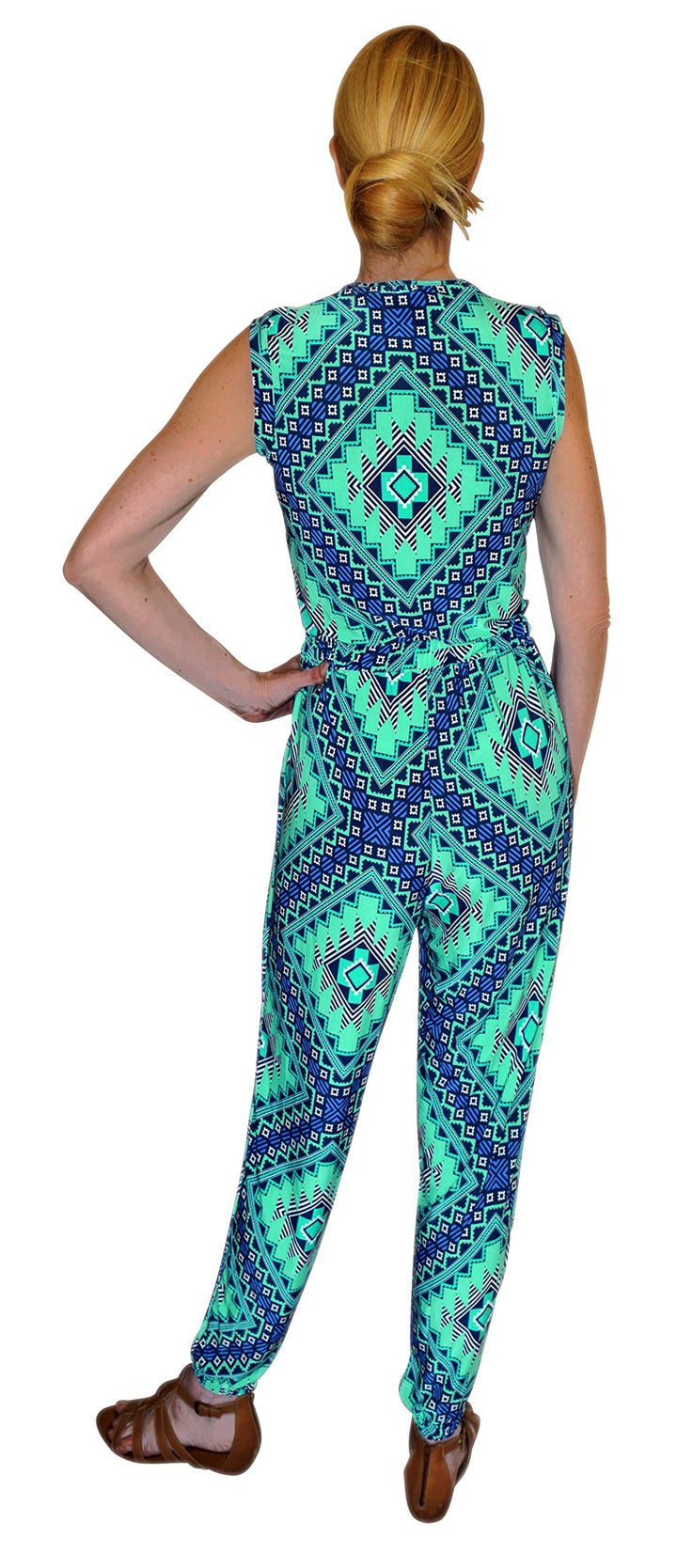 Tribal Geometric V Neck Button Sleeveless Romper Jumpsuit L Blue