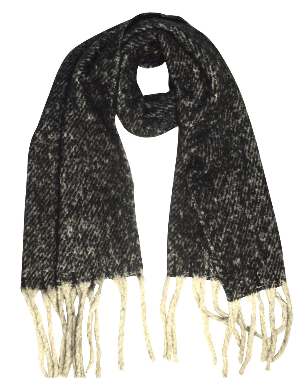 Soft and warm winter chunky knit wrap scarf with cashmere feel and fringed tassel ends.