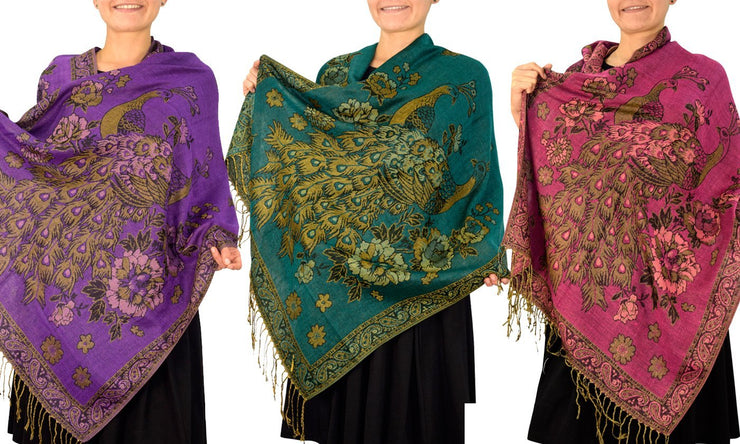 Purple/Teal/Fuchsia 3 Pack Floral Peacock Reversible Pashmina Wrap Shawl Scarf