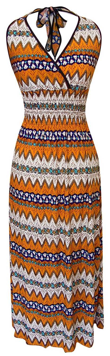 Peach Couture Bohemian Chevron Pattern V Neck Smocked Waist Halter Maxi Dress