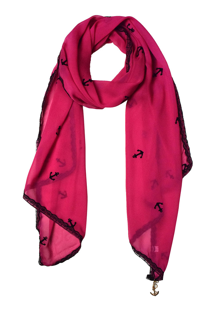 Sheer Vintage Anchor Embossed Scarf with Anchor Charm & Lace Border(Fuchsia)