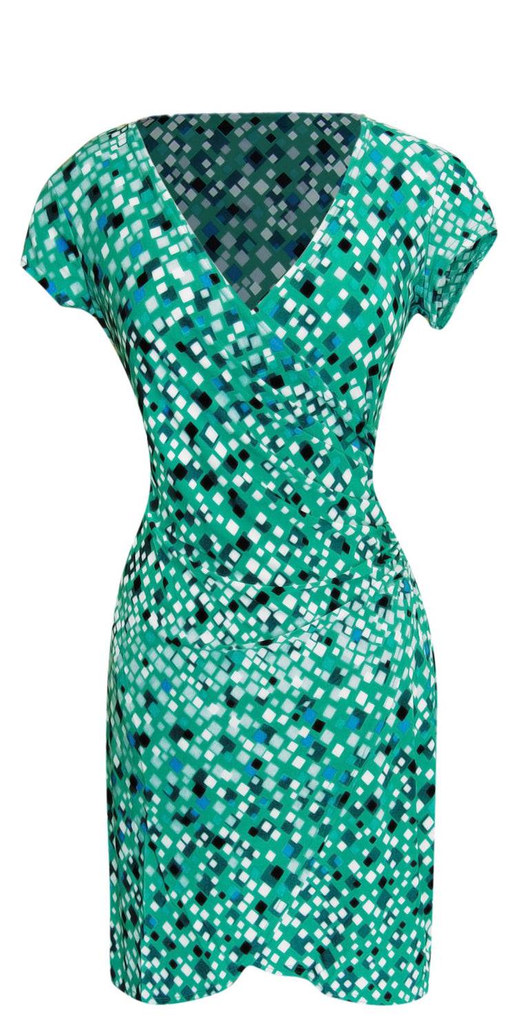 Elegant Faux Wrap Printed Dress (Large, Blue Block Combo)
