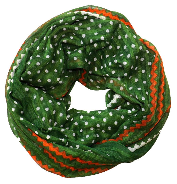 Green White Orange Multicolor Polka Dot And Zig-Zag Chevron Sheer Infinity Loop Scarf