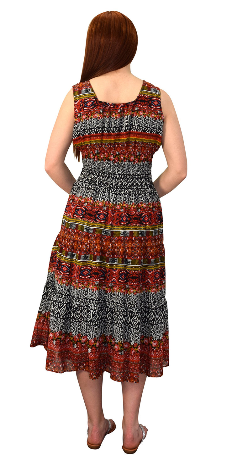 Printed Damask Summer Tiered Calf Length Dress with Neck Tie