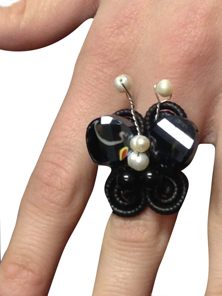 Gems Couture Jewelry Unique Black Onyx W/Fresh Water Pearls Butterfly Shaped Adjustable Ring